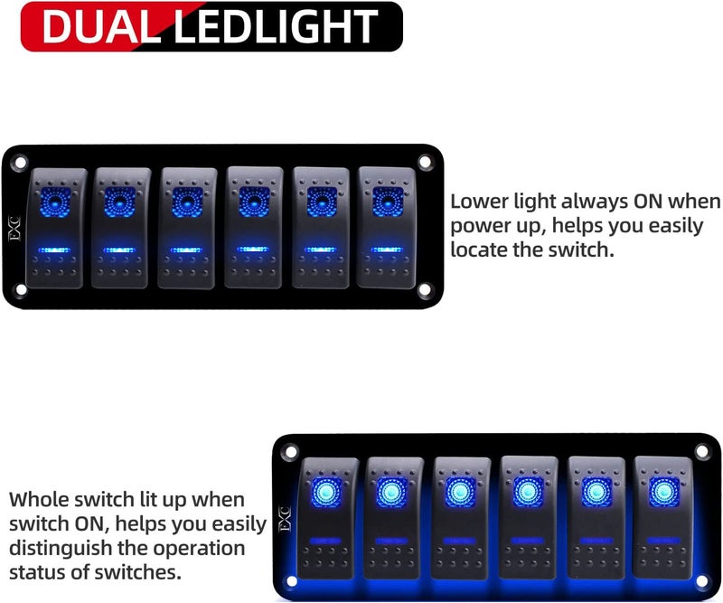 FXC Rocker Switch Aluminum Panel 6 Gang Toggle Switches Dash 5 Pin ON/Off 2 LED Backlit for Boat Car Marine Blue - Image 2